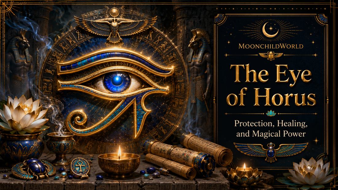 Golden Eye of Horus symbol surrounded by ancient Egyptian artifacts, highlighting protection, healing, and magical power
