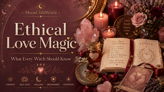 Ethical love magic guide with crystals, candles, and spellbook for mindful and respectful witchcraft practices