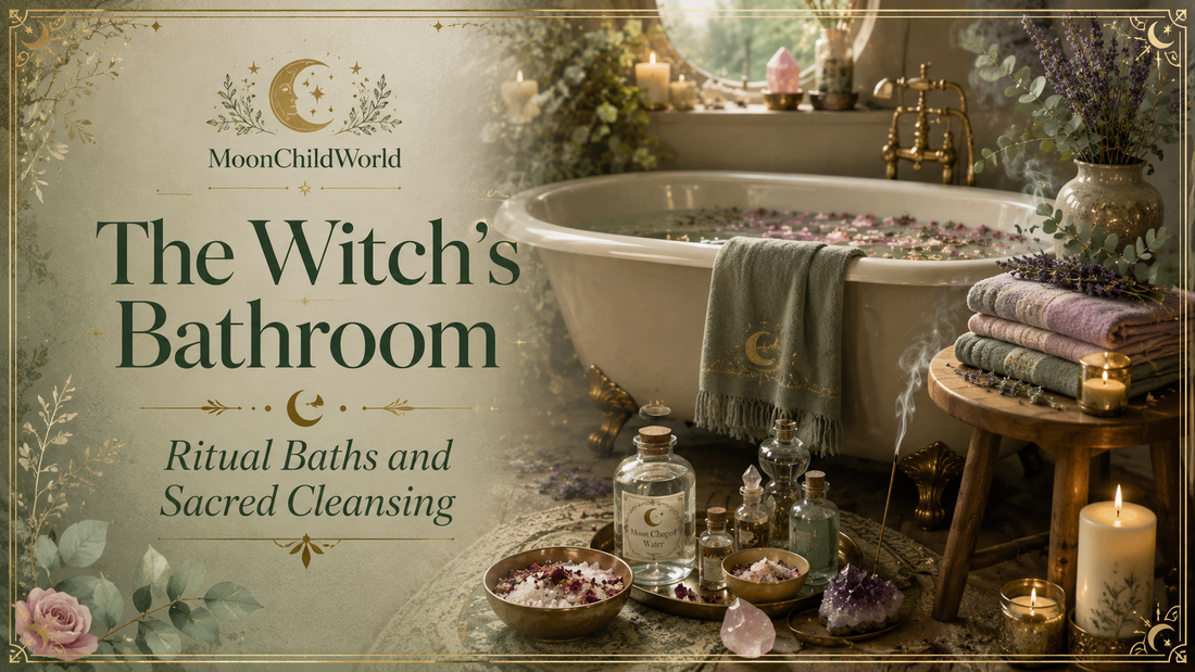 Cozy witch’s bathroom with ritual bath essentials, crystals, and candles for sacred cleansing inspiration