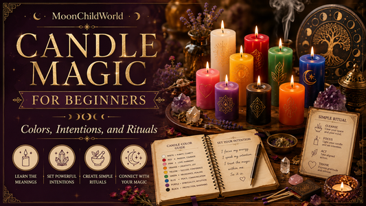 Colorful candle magic for beginners with ritual tools, intention journal, and crystals for spiritual practice