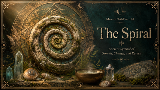Ancient spiral symbol surrounded by crystals and shells representing growth, change, and return
