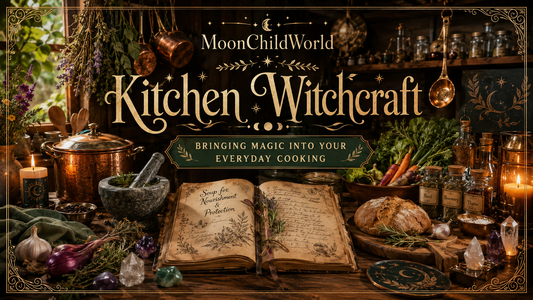 Rustic kitchen witchcraft setup with herbs, crystals, and magical recipes for bringing magic into your everyday cooking