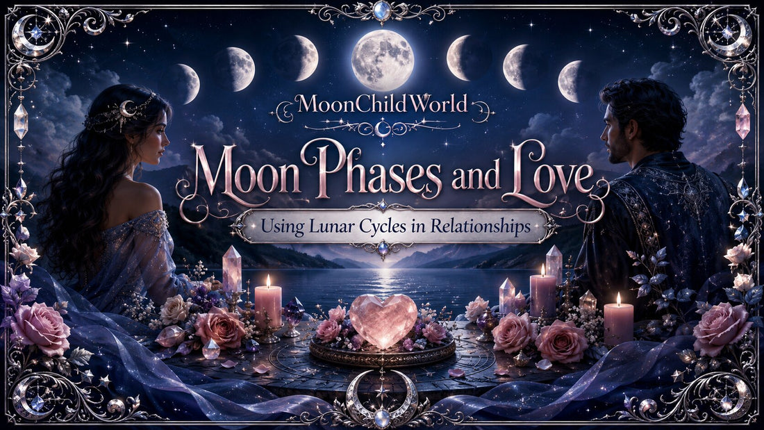 Romantic moon phases and love theme with couple, candles, and flowers under a starry night sky