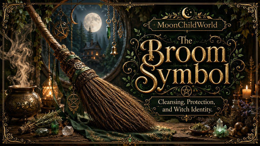 Witch broom symbol with herbs, crystals, and moonlit cottage, representing cleansing and protection rituals