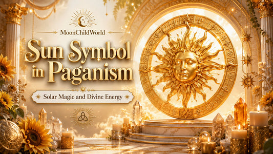 Golden sun symbol in paganism surrounded by candles, crystals, and sunflowers for solar magic inspiration