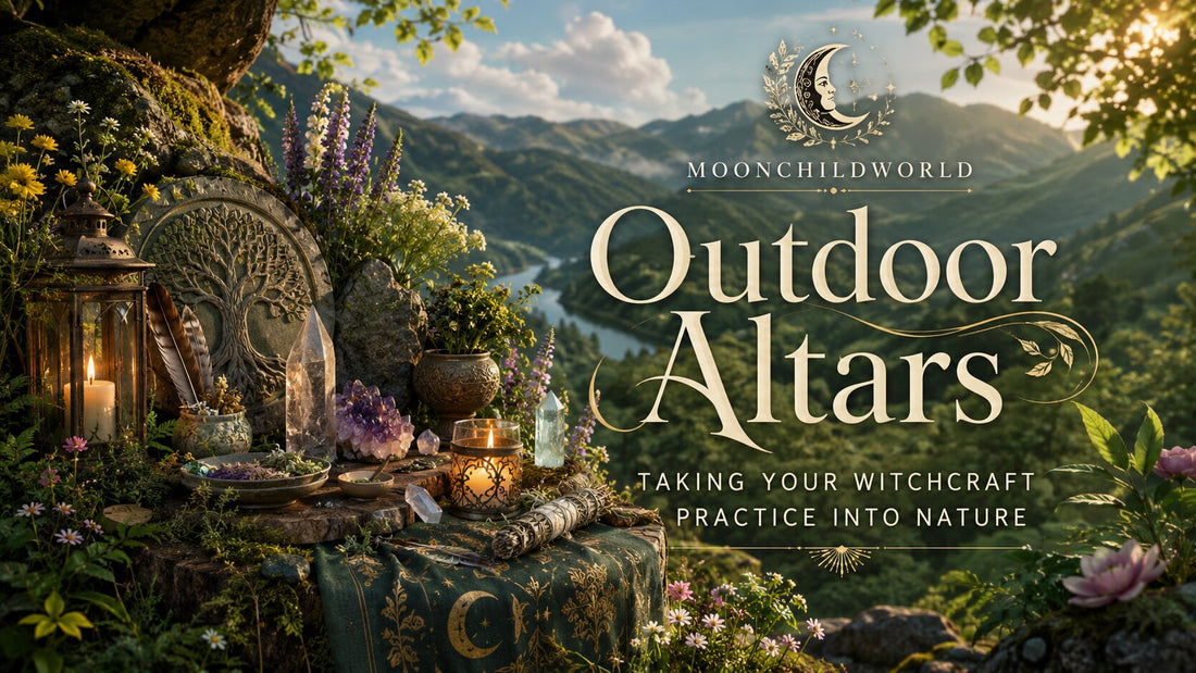 Enchanting outdoor altars with candles, crystals, and flowers inspire nature-based witchcraft practices