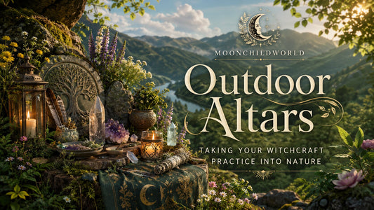 Enchanting outdoor altars with candles, crystals, and flowers inspire nature-based witchcraft practices