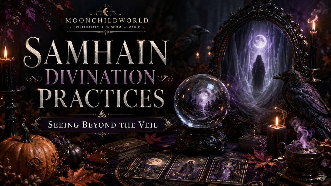 Samhain divination practices with tarot cards, crystal ball, candles, and mystical autumn decor