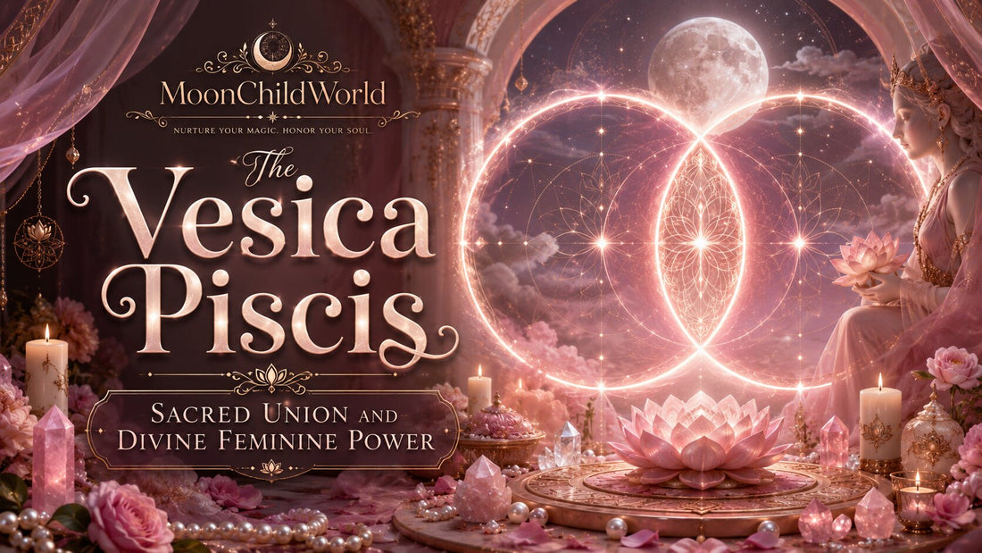 Elegant vesica piscis symbol with glowing lotus flowers, crystals, and divine feminine energy in a mystical setting