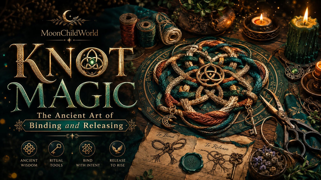 Decorative knot magic tools and ritual candles for practicing the ancient art of binding and releasing