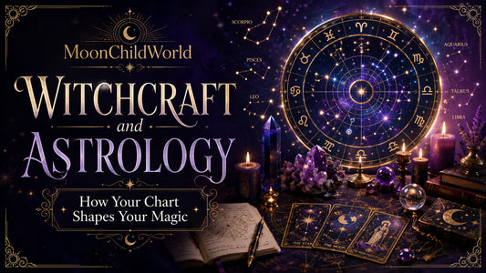 Witchcraft and astrology guide with zodiac chart, tarot cards, crystals, and candles for magical inspiration