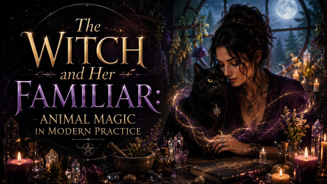 A witch and her black cat familiar practicing animal magic by candlelight in a mystical setting
