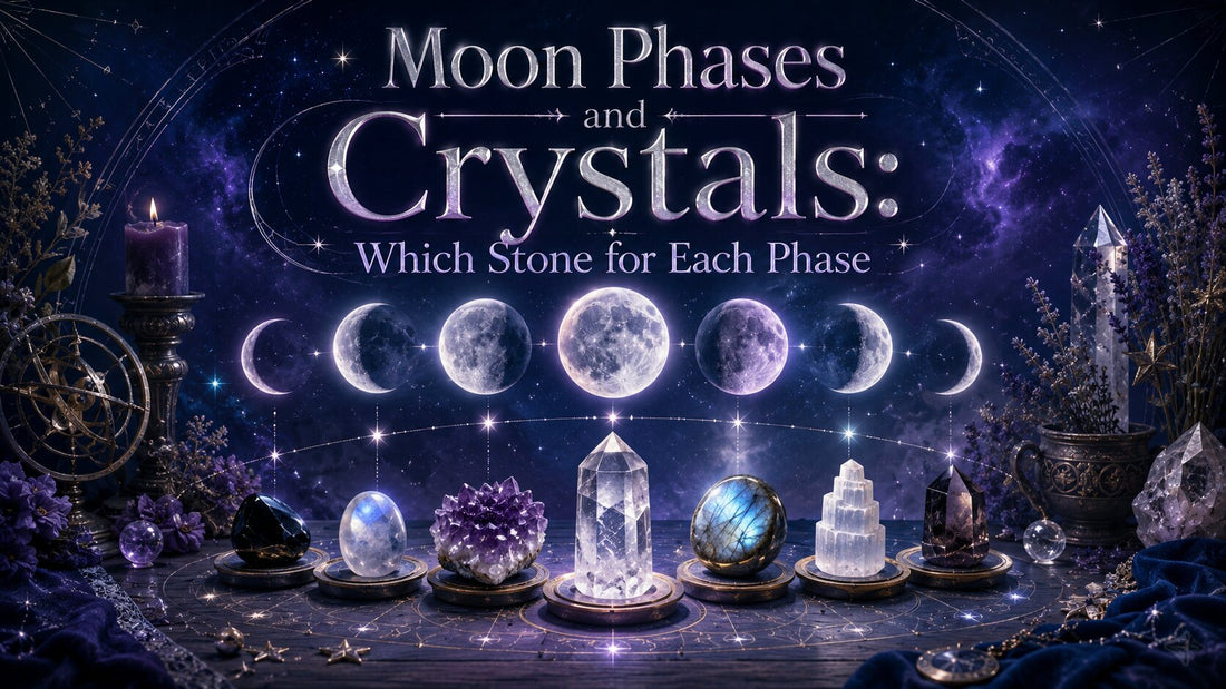 Moon phases and crystals displayed with matching stones for each lunar phase in a mystical setting