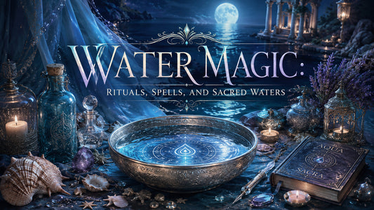 Mystical water magic altar with sacred waters, candles, seashells, and spellbook under moonlight