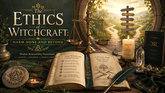 Open book, scales, and candle illustrating the ethics of witchcraft and harm none principles