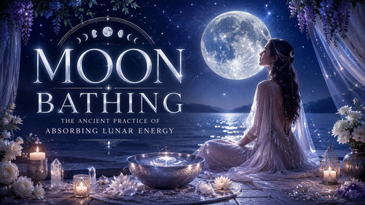 Woman practicing moon bathing by a lake under a full moon, surrounded by candles and flowers
