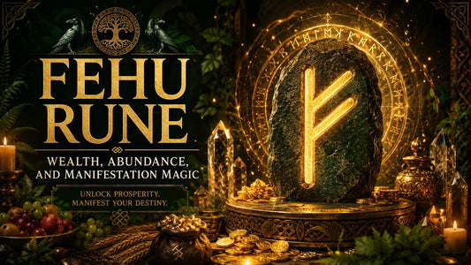 Fehu rune symbol glowing on a stone altar surrounded by gold coins and crystals for wealth manifestation