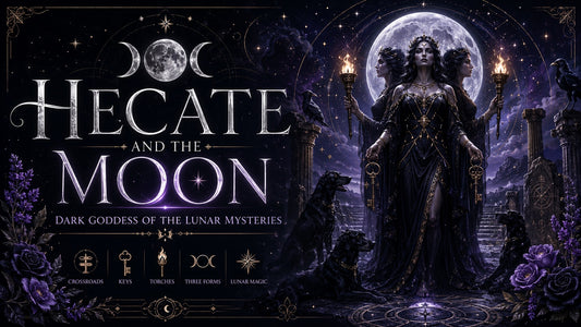 Mysterious Hecate and the moon with torches, keys, and black dogs in a mystical night setting