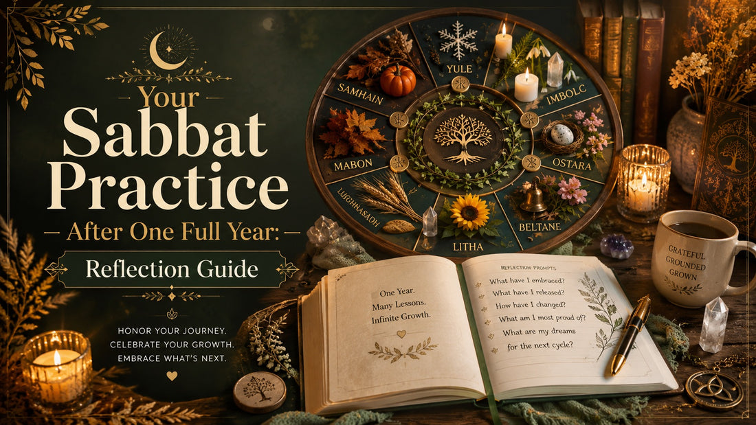 Sabbat practice reflection guide with a seasonal wheel, journal prompts, candles, and spiritual decor for year-end review