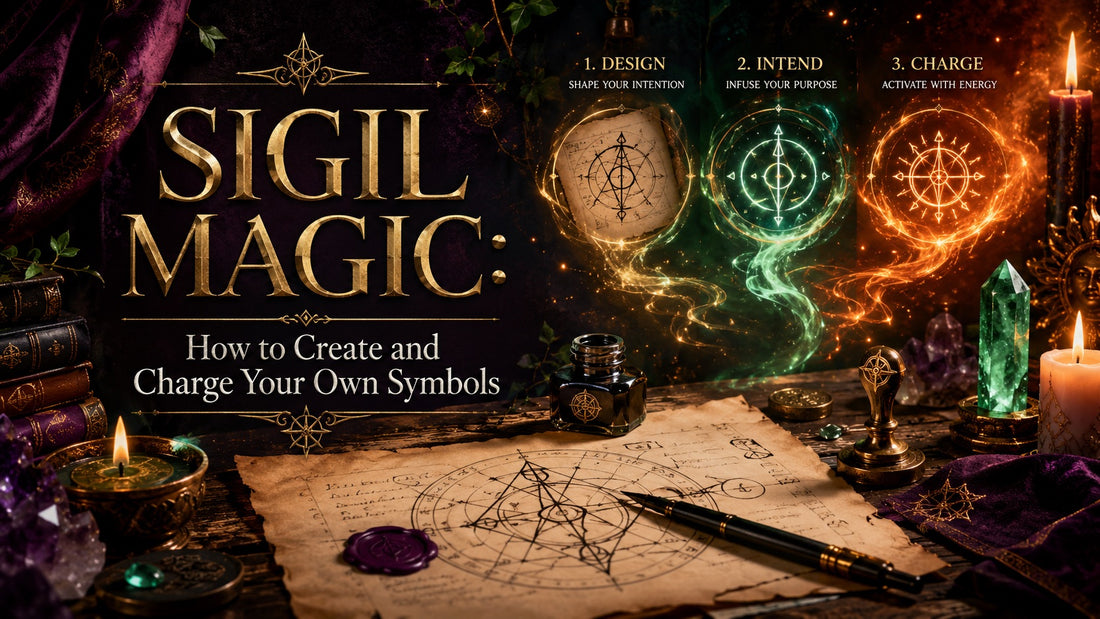 Mystical workspace with candles, crystals, and sigil magic symbols for creating and charging your own symbols