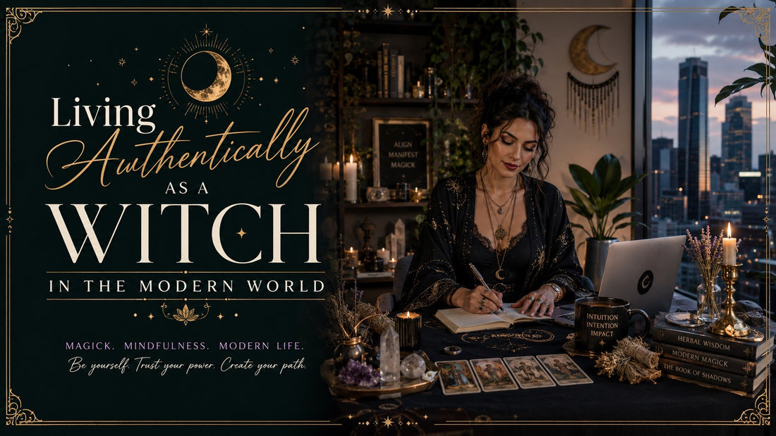 Modern witch practicing authentic living with tarot cards, crystals, and candles in a cozy city apartment