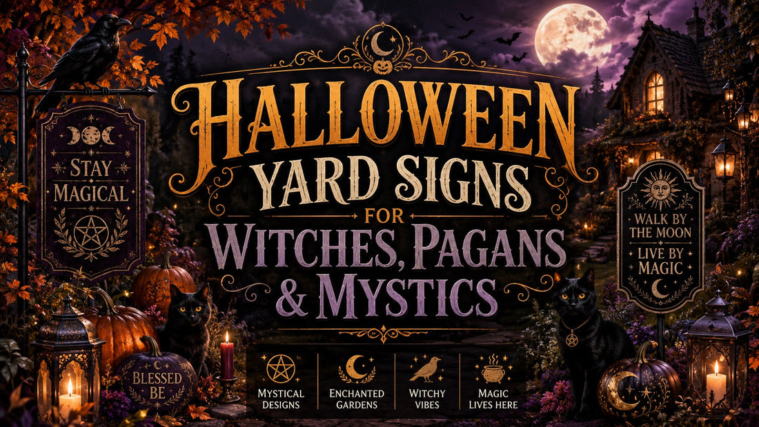 Halloween yard sign ideas for witches and mystics with black cats, pumpkins, and magical autumn pagan garden decor