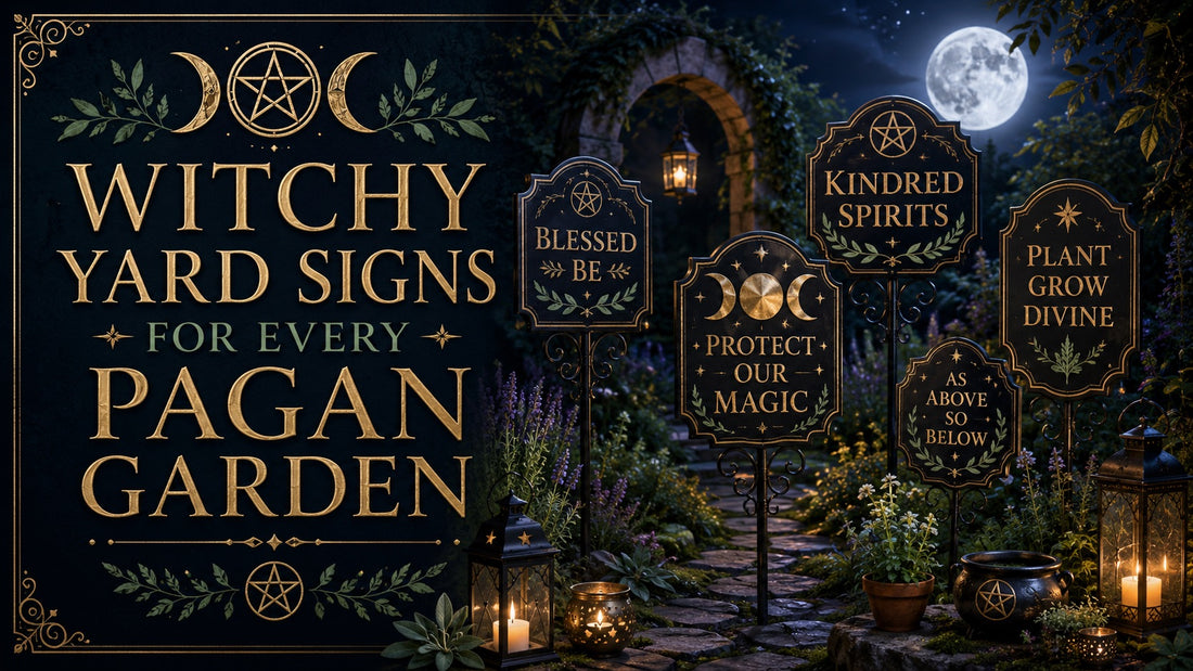 Witchy yard signs with mystical symbols and moonlit garden decor for enchanting pagan garden inspiration