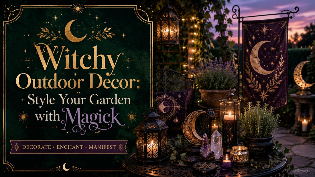 Witchy outdoor decor with moon-themed lanterns, crystals, candles, and celestial garden accents for magical inspiration