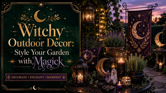 Witchy outdoor decor with moon-themed lanterns, crystals, candles, and celestial garden accents for magical inspiration