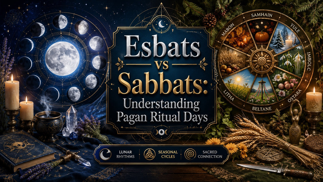 Moon phases and pagan sabbats wheel illustrating esbats vs sabbats for understanding pagan ritual days