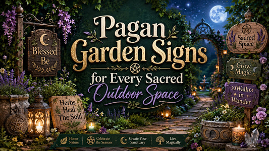 Enchanting pagan garden signs with mystical symbols and candles create a magical outdoor sanctuary for spiritual inspiration