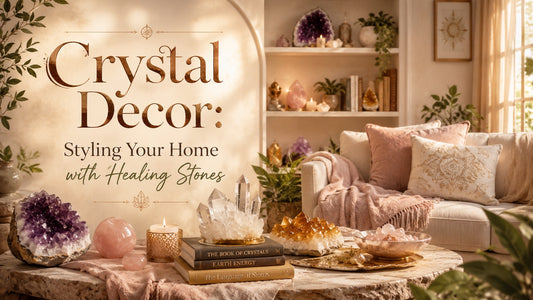 Crystal decor accents with healing stones create a calming, stylish living room atmosphere for your home