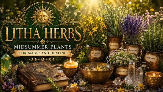 Litha herbs and midsummer plants for magic and healing displayed with candles and crystals