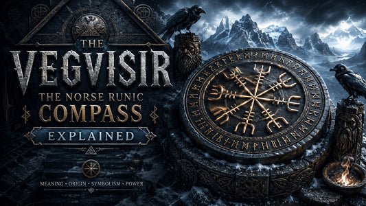 Ancient Vegvisir Norse runic compass surrounded by ravens and snowy mountains, symbolism and meaning explained