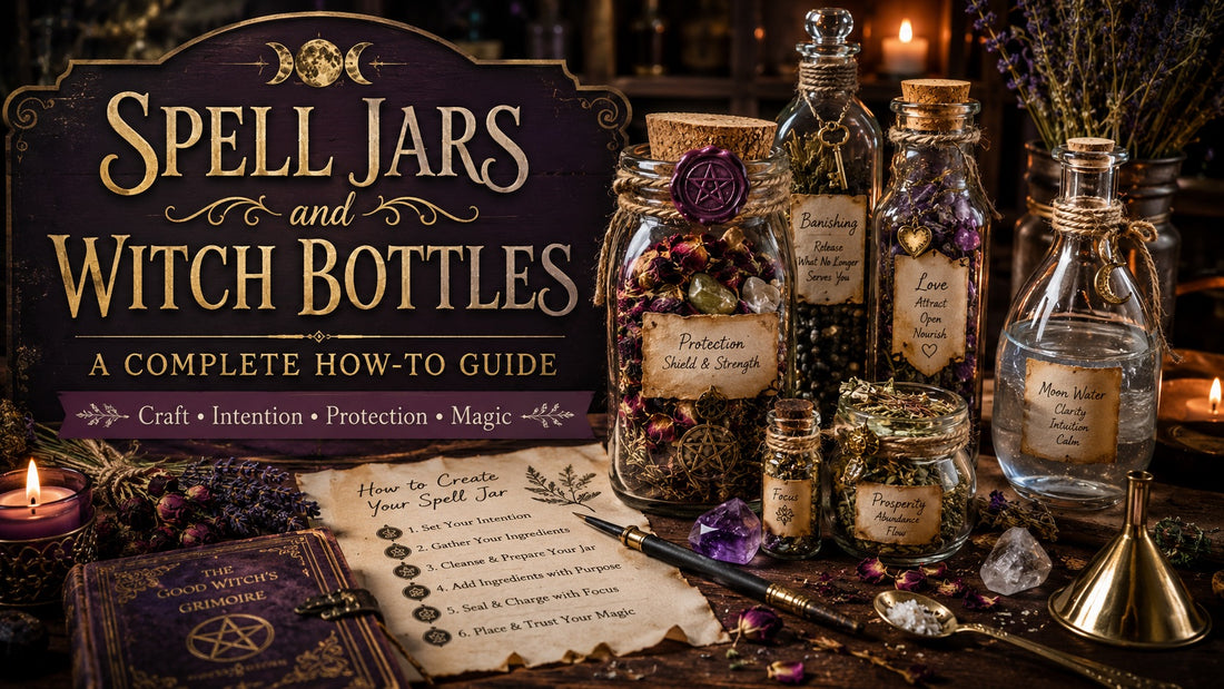 Spell jars and witch bottles arranged with herbs, crystals, and candles for a complete how-to guide