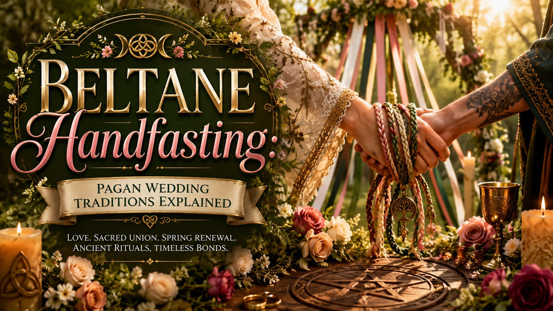 Beltane handfasting ceremony with intertwined hands, floral decorations, and pagan wedding symbols