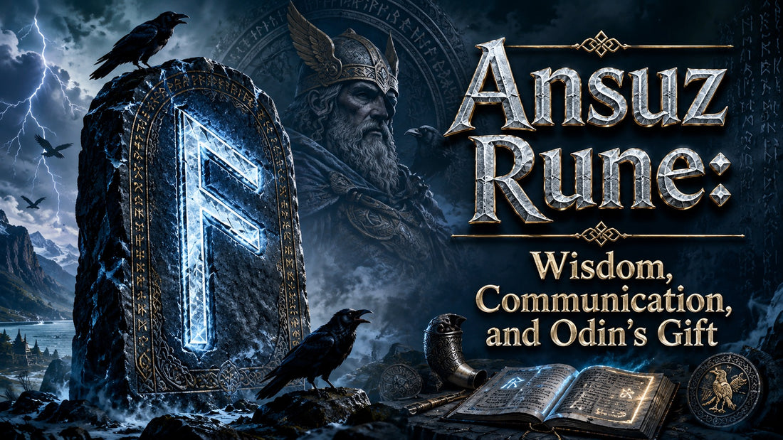 Ancient Ansuz rune glowing on a stone with Odin and ravens, symbolizing wisdom and communication