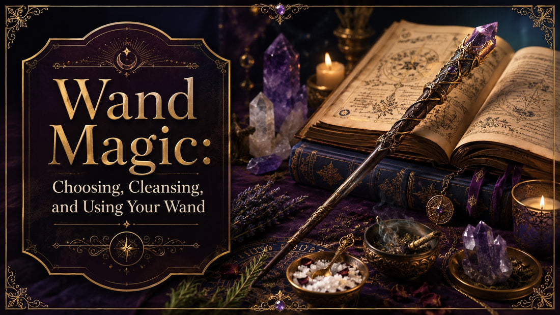 Decorative wand magic setup with crystals, spellbook, herbs, and candles for choosing and using your wand
