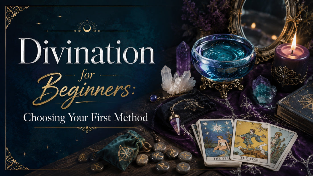 Tarot cards, crystals, and candles arranged for divination for beginners guide and spiritual exploration