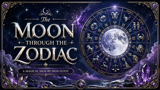 Celestial moon and zodiac wheel illustration with mystical crystals and starry night sky background