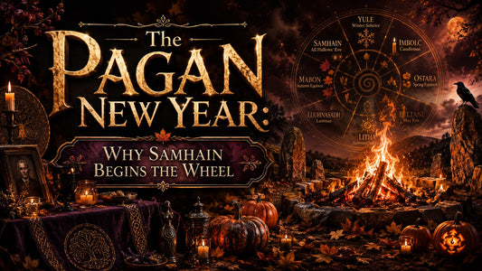 Pagan New Year celebration with Samhain traditions, autumn pumpkins, and a ritual bonfire at night