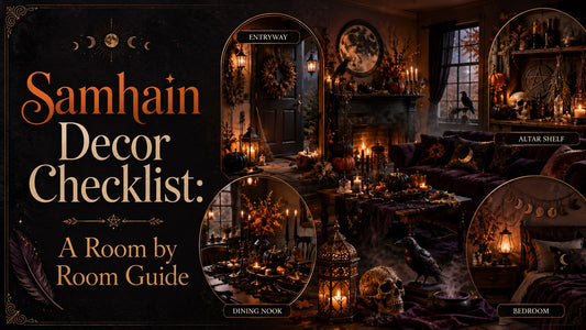 Samhain decor checklist with cozy autumn decorations for entryway, dining nook, altar shelf, and bedroom