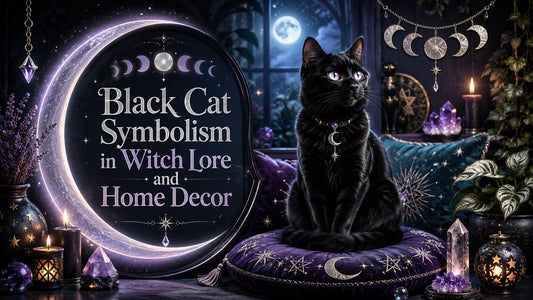 Black cat symbolism in witch lore and home decor with mystical moonlit accents and magical crystals