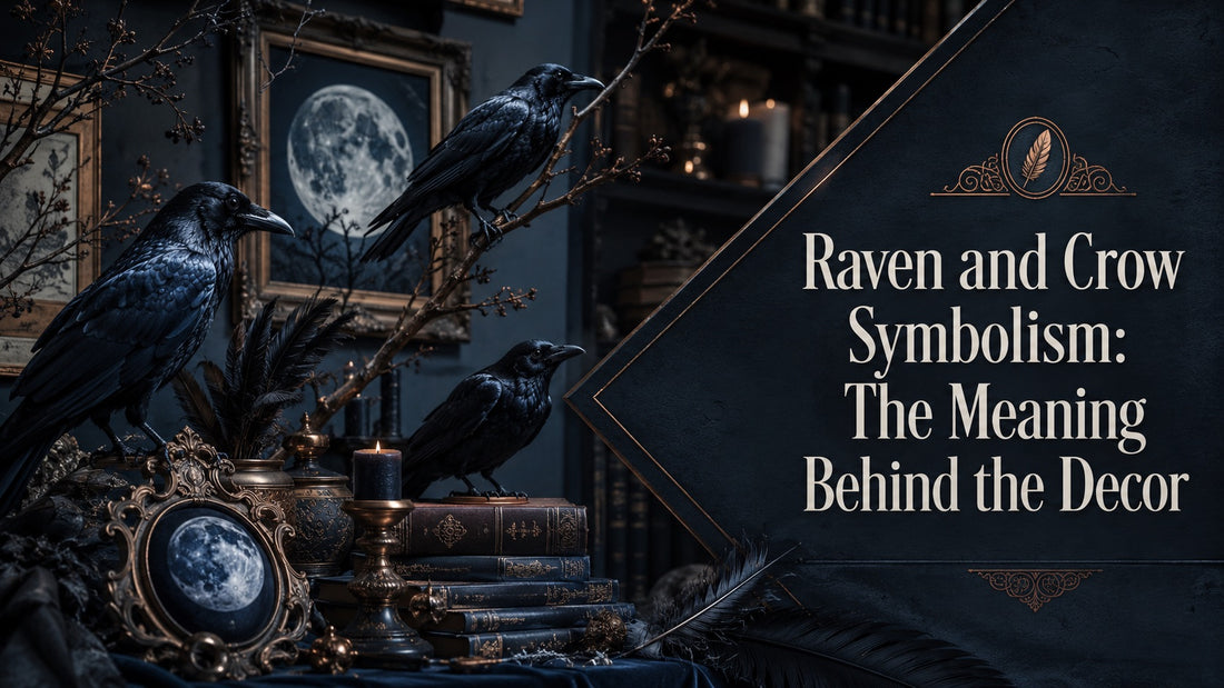 Raven and crow symbolism in mystical home decor with dark feathers, candles, and moonlit artwork