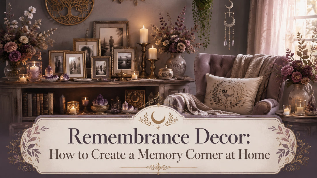 Elegant remembrance decor with candles, framed photos, and flowers creating a cozy memory corner at home