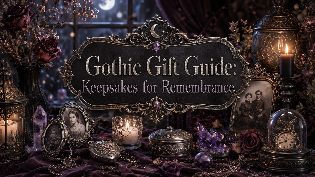 Elegant gothic gift guide display featuring keepsakes, vintage photos, candles, and dark floral accents for remembrance