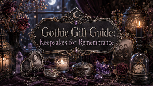 Elegant gothic gift guide display featuring keepsakes, vintage photos, candles, and dark floral accents for remembrance
