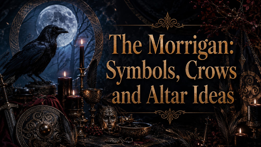 Mystical altar setup with crows, candles, and Celtic symbols for The Morrigan inspiration
