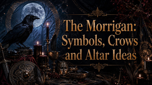 Mystical altar setup with crows, candles, and Celtic symbols for The Morrigan inspiration