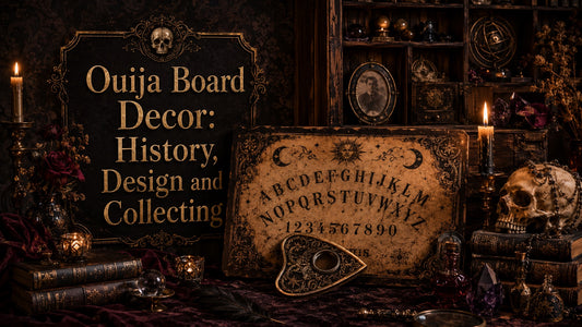 Vintage ouija board decor with candles, skull, and antique books for mystical home inspiration